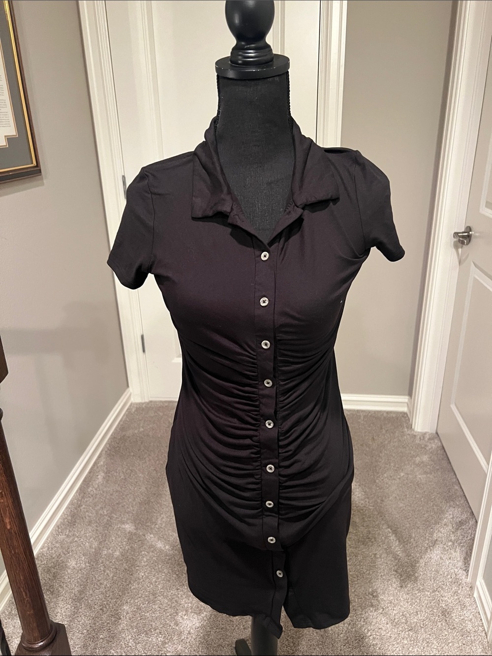 Fashion Nova Black Ruched Button-Front Mini Shirt Dress